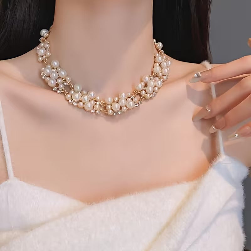An Elegant Pearl Choker Necklace and Earrings Set