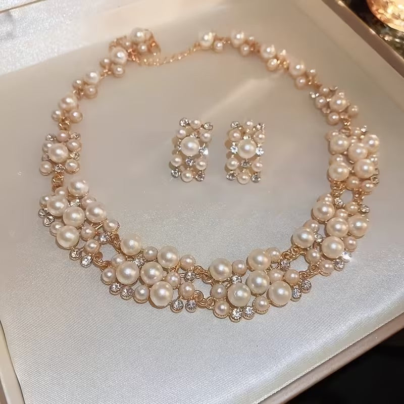 An Elegant Pearl Choker Necklace and Earrings Set