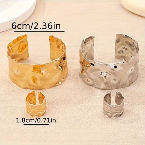 2 Piece Mirror Polished Wide Cuff Bracelet and Ring Set